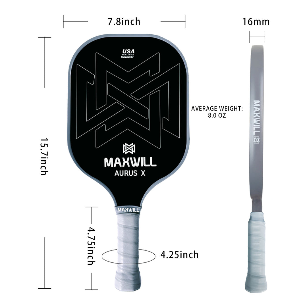 Maxwill Aurus X 匹克球拍 - 适合高级球员的高性能球拍 | 轻质 8.0 盎司，玻璃纤维表面，蜂窝芯 | 人体工程学握把，黑色（16 毫米）